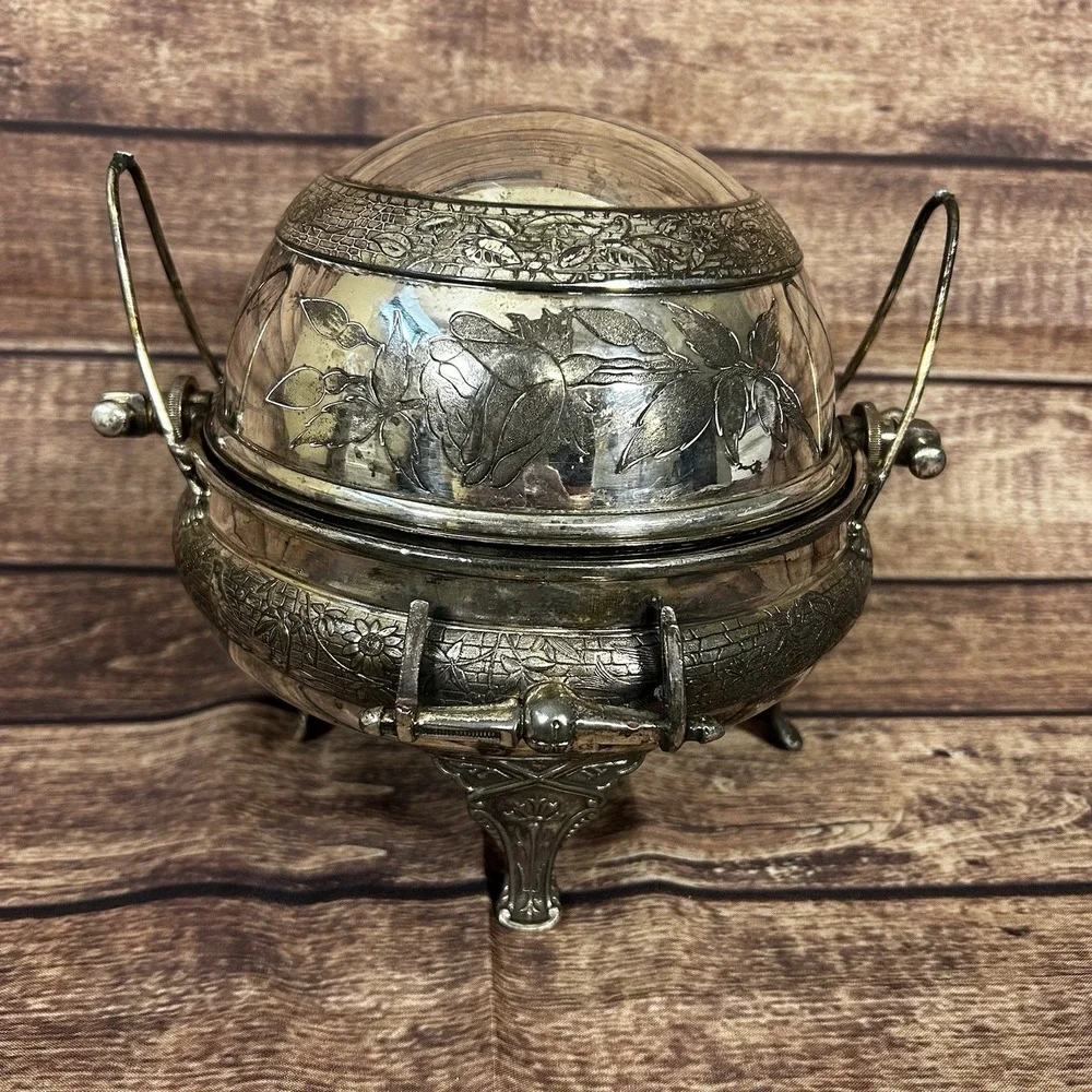 Antique Victorian Quadruple Plate Butter Dish Dome Floral‎ Silverplate
